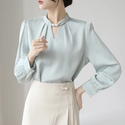 Chic Beaded Spring Autumn Style Satin Blouses Women Elegant Office Lady Solid Long Sleeve Shirts Vintage White Shirt Casual Tops