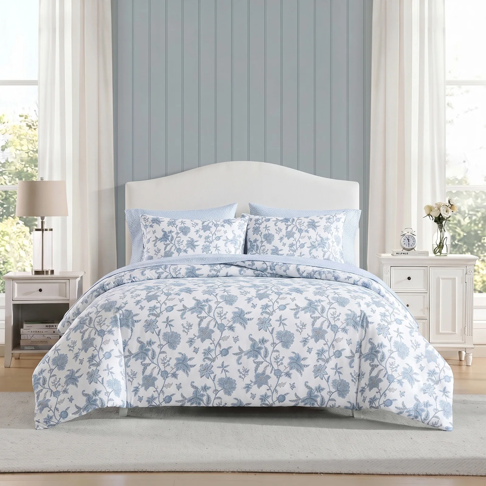 Blue Floral Duvet Cover Queen Size, 100% Cotton Duvet Cover Set with Zipper Closure, Soft Breathable Pastoral Style Botanical Floral Bedding Set