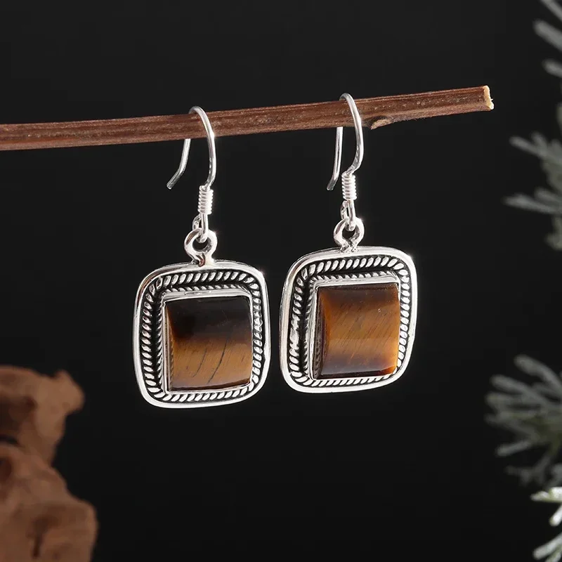 Exquisite Vintage Brown Gemstone Square Pendant Earrings Hypoallergenic Earrings for Women Fashion Street Casual Jewelry Gifts