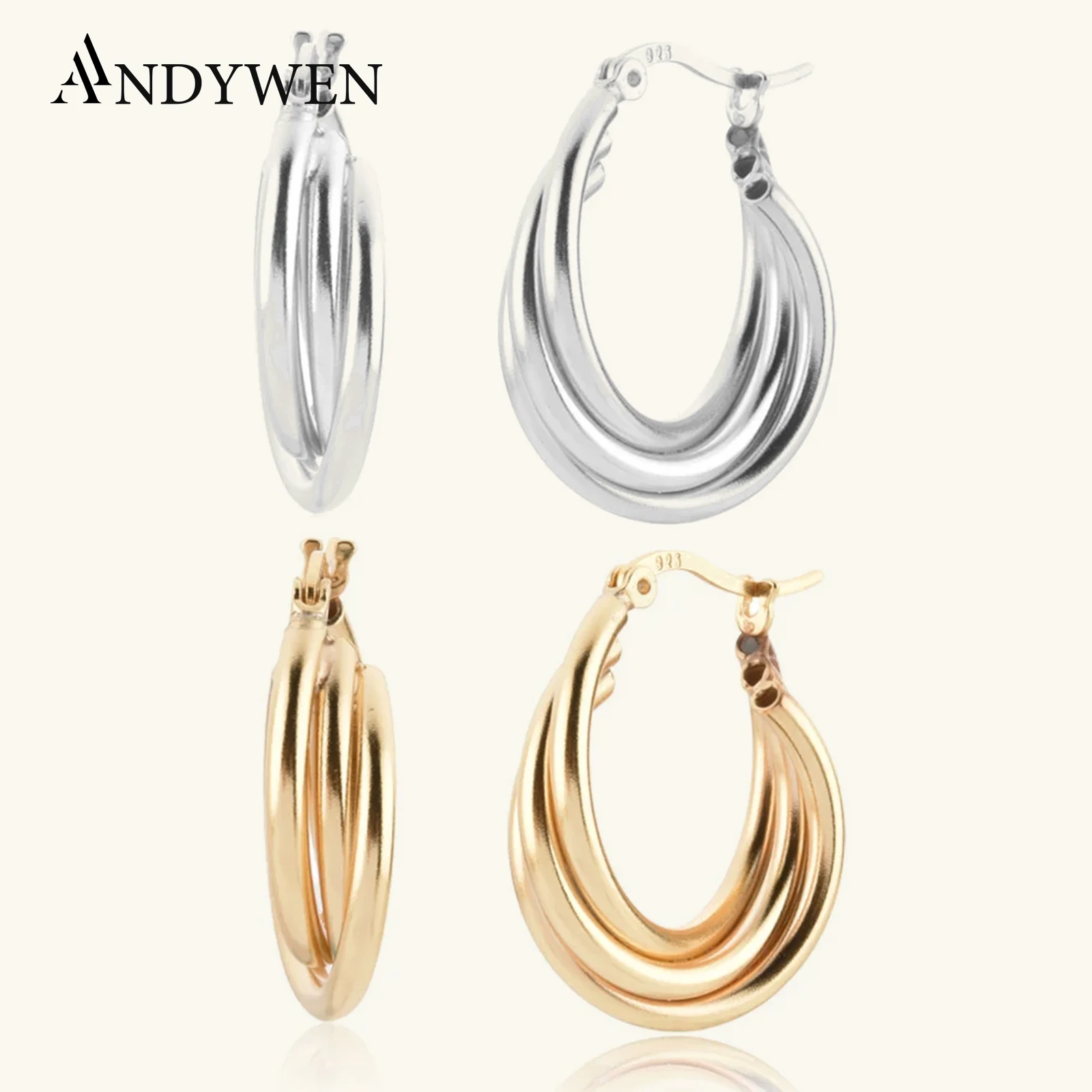 ANDYWEN 925 srebro złoto 18mm z trzema kółkami Twist Hoops kolczyk Piercing kobiety luksusowe pętle zwykły ażurowa biżuteria dla ciebie