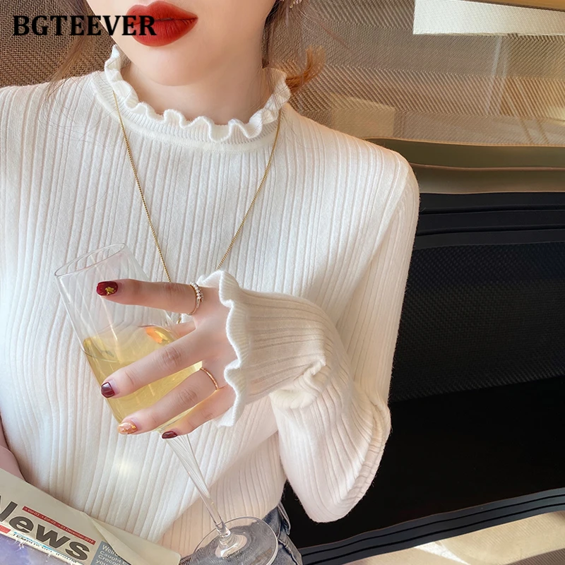 

BGTEEVER повседневные базовые однотонные теплые свитера, джемперы для женщин, тонкие женские узкие вязаные пуловеры с длинными рукавами, топы, осень-зима