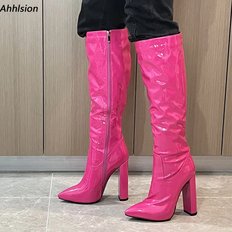 Ahhlsion Handmade Women Winter Knee Boots Glossy Block Heels Pointed Toe Beautiful Fuchsia Cosplay Shoes Ladies US Size 5-15