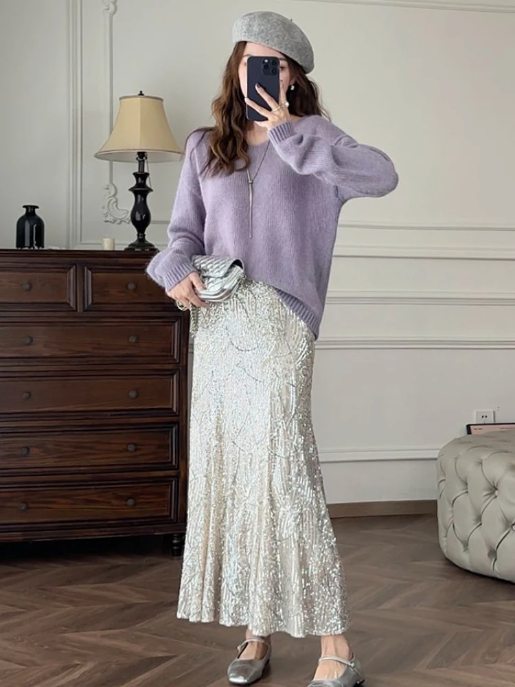 Waist Slim Mermaid Skirt with paillettes Evening Party Club HOUZHOU Long Sequin Skirt Women 2023 Autumn Elegant Silver High