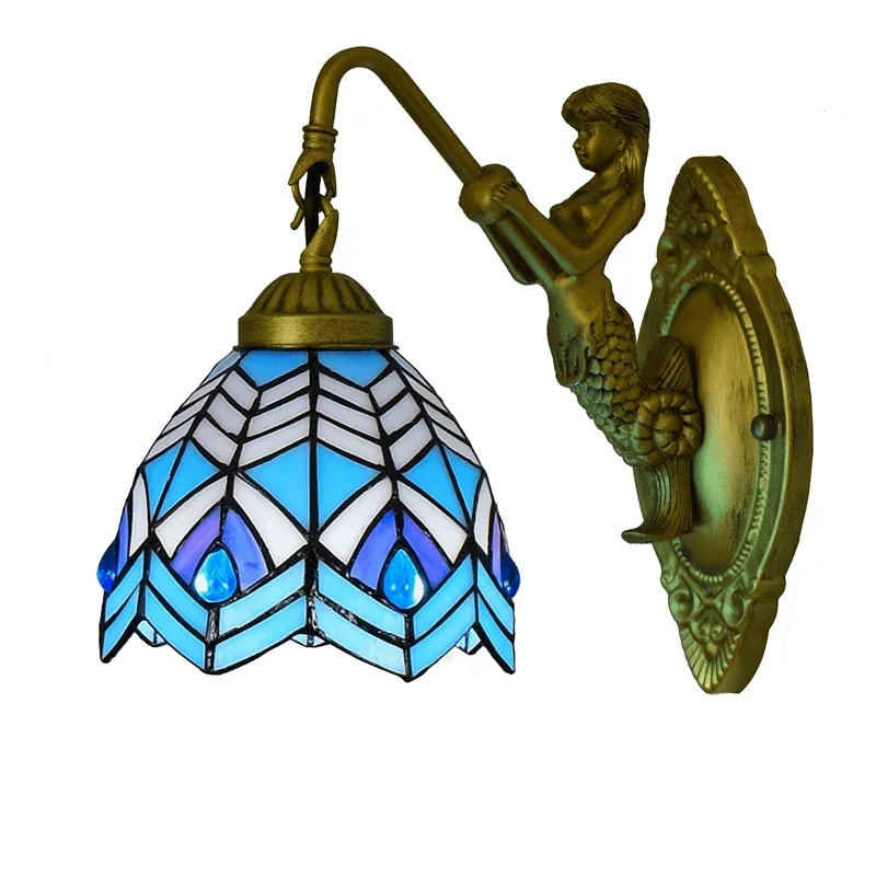 15Cm Mediterranean Style Tifany Stained Glass Led Mermaid Copper Wall Lamp for Living Room Bedside Hotel Corridor Wall Lamp