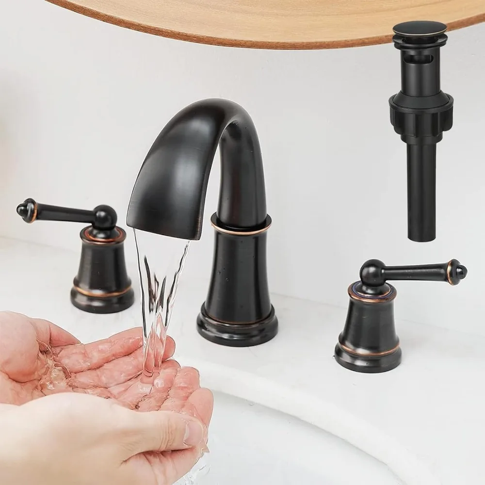 

8-Inch Oil-Rubbed Bronze 3-Hole Widespread Faucet, 2-Handle Waterfall Lavatory Mixer with cUPC Supply Lines