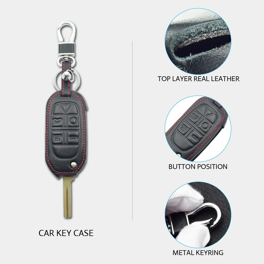 ATOBABI Leather Car Key Case Keychain For Volvo S60 V70 XC70 S80 XC90 2008 2009 5 Buttons Folding Remote Control Protector Cover