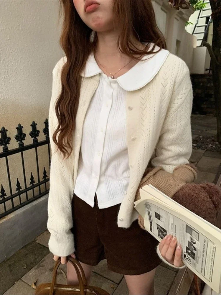 Japanese Style Kawaii T-shirts Women White Peter Pan Collar Crop Tops Sweet Korean Cutecore Casual Long Sleeve T-shirts