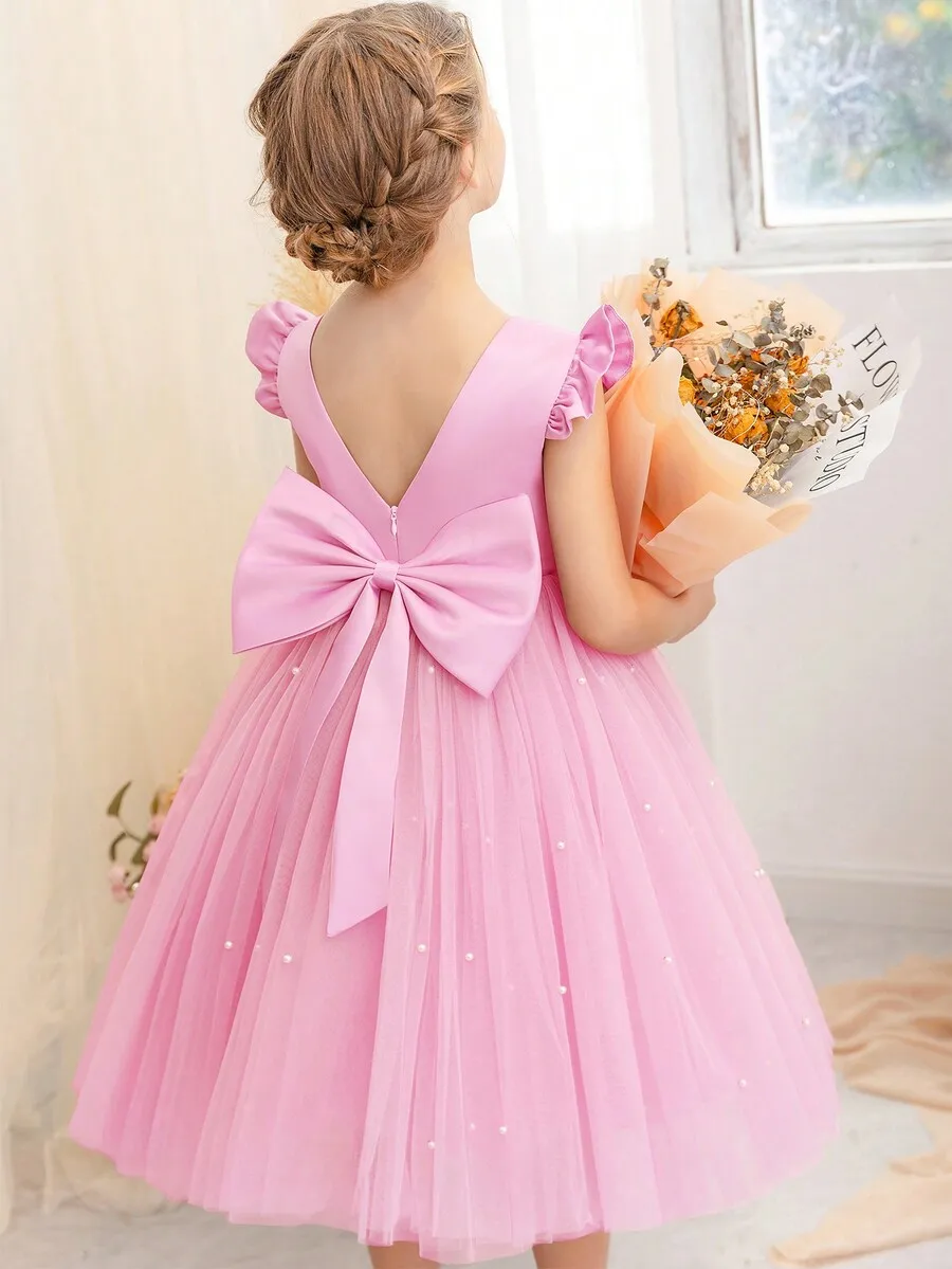 

Pink V-Neck Bow Back Tulle Party Dress With Pearls For Women