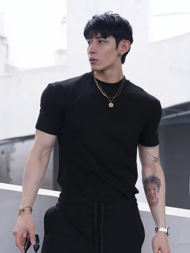 

American Sle Fitn ort Sve Muscle ow Cuff Sorona Cool Feeling T-irt Men's Summer Running Training Top Cotton rou...