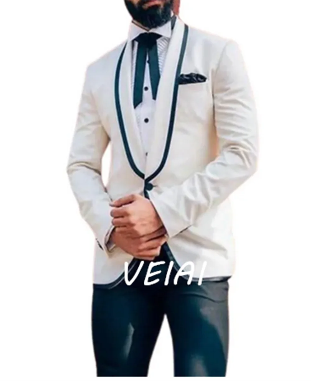 

Customized2 Piece White Wedding Tuxedo Slim Fit Men Suits with Navy Blue Pants Shawl Lapel Male Fashion Jacket Latest Style