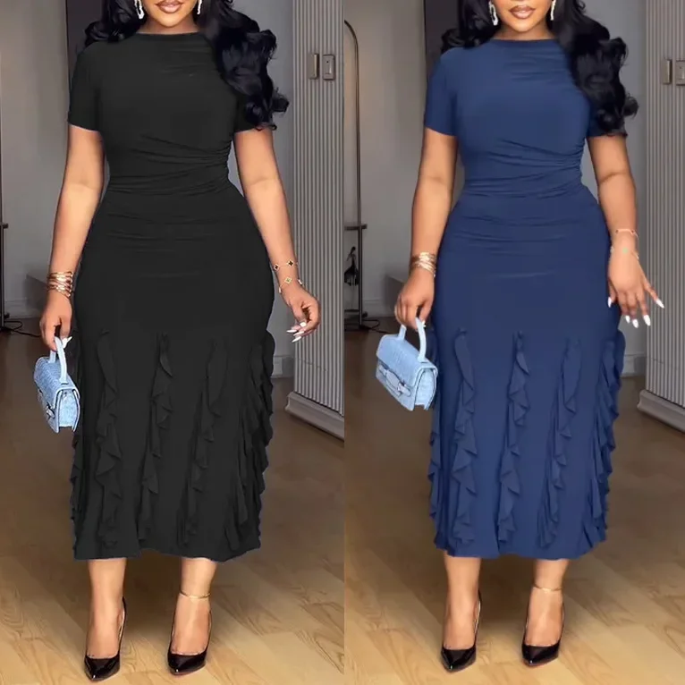 

Dashiki African Dresses for Women Elegant Summer Short Sleeve Polyester Black Blue Long Dress Outfits Gowns Africa Clothing