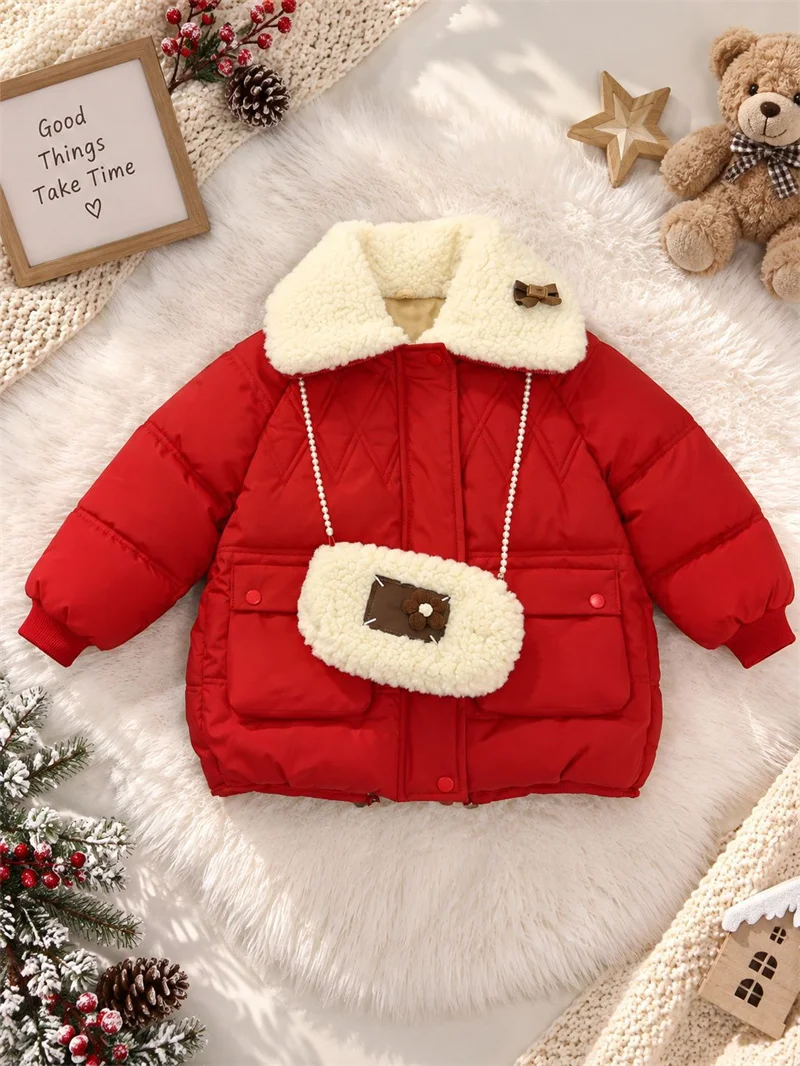 Girls Winter Down Coats Kids Bow Warm Jackets With Turn-up Collars Children Cute Thick Plush Windproof Thermal Outerwear 5-14Y