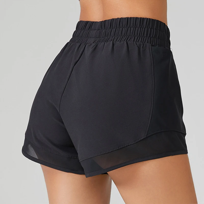 Mulheres correndo shorts de secagem rápida verão malha retalhos anti-exposição yoga shorts mulher cintura elástica bolso ciclismo esportes shorts