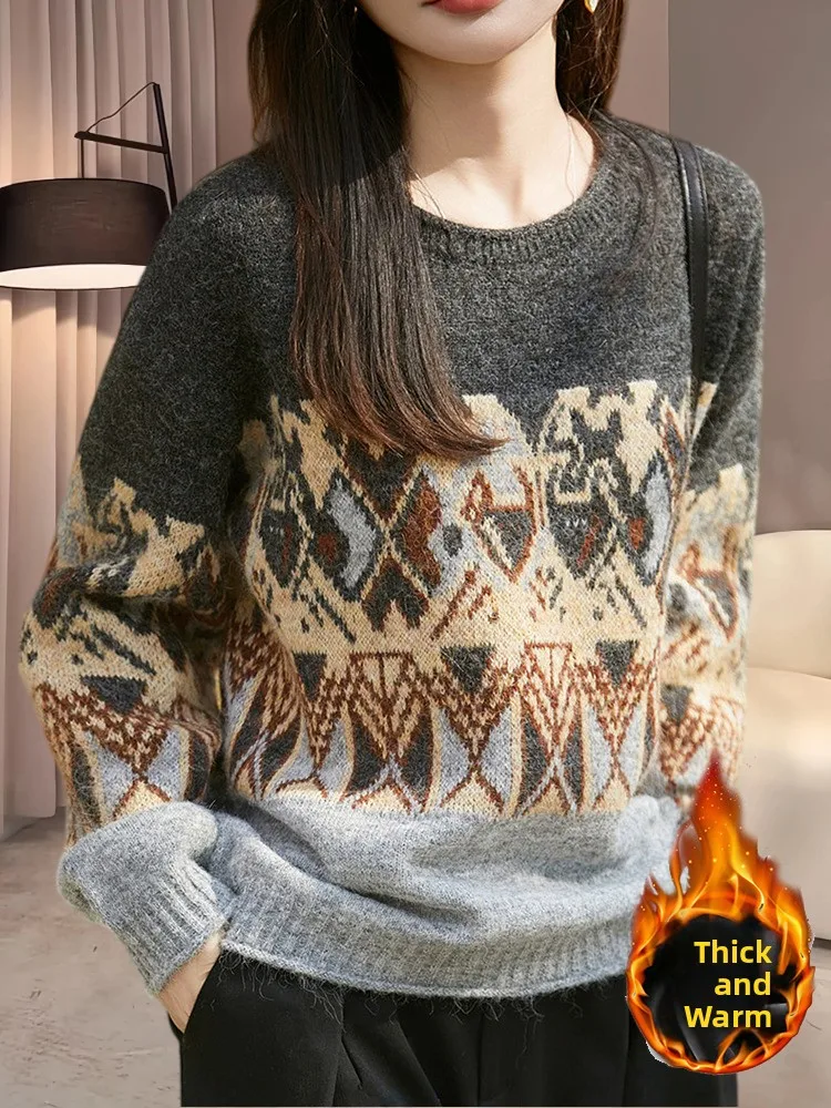 

Slim Fit Korean Sle Lazy round Ne Long Sve Knitted Sweater Women's Base Layer Top Fair Isle Pattern Breathable Casual ...