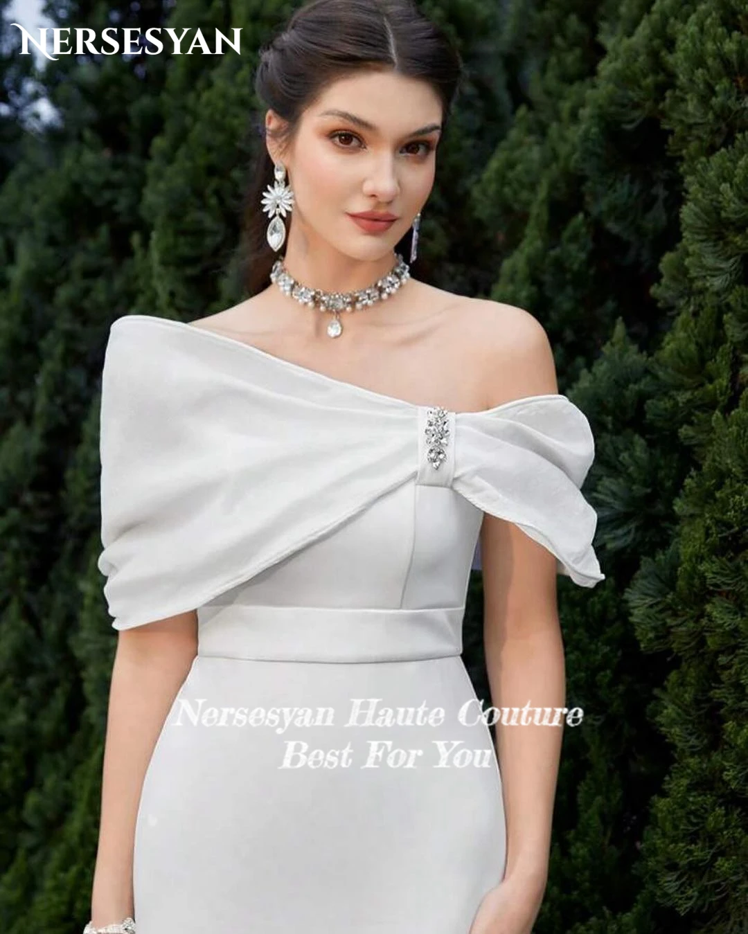 Nersesyan Elegant Solid Wedding Dresses Off Shoulder Bow Pleated Glitter Sheath Bridal Gowns Backless Tea Length Bride Dress