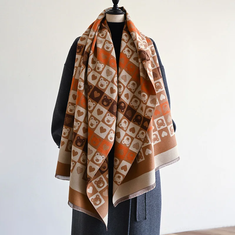 Brand Heart-Shaped Bear Plaid design luxury Bohemia Imitation Pashmina Thickened 2024 autumn and winter new scarf shawl