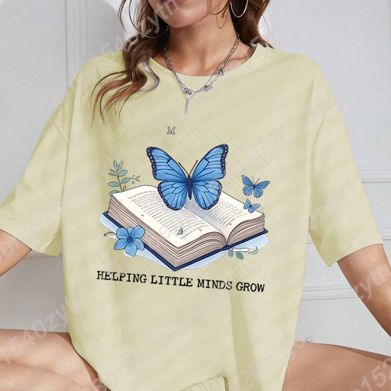 Book Butterfly Helping Little Minds Grow T-shirt Women Summer Short Sleeve O Neck Tees Creative Oversized Tops