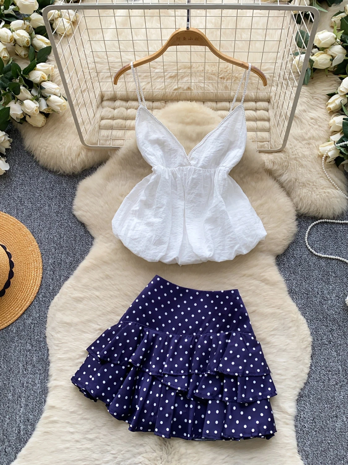 

Summer Polka Dot V-Neck Strap Two-Piece Set Women's Simple Elegance Vacation Wear Casual Commute Style High Waist Slim Fit