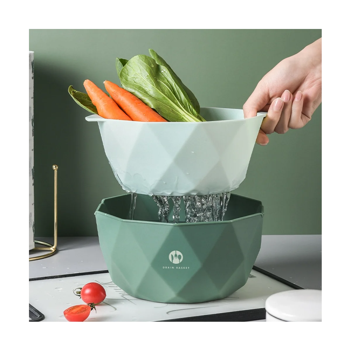 Cesta dupla camada para lavar legumes, esgoto cozinha, bacia de frutas, ferramenta de armazenamento criativo, rosa