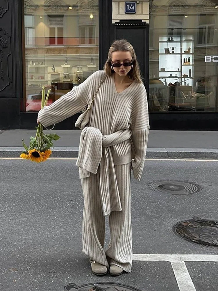 Conjunto chique de camisola Borgonha para mulheres, gola cachecol, suéteres grandes, calças largas para senhoras, 2 peças, nova moda, 2024