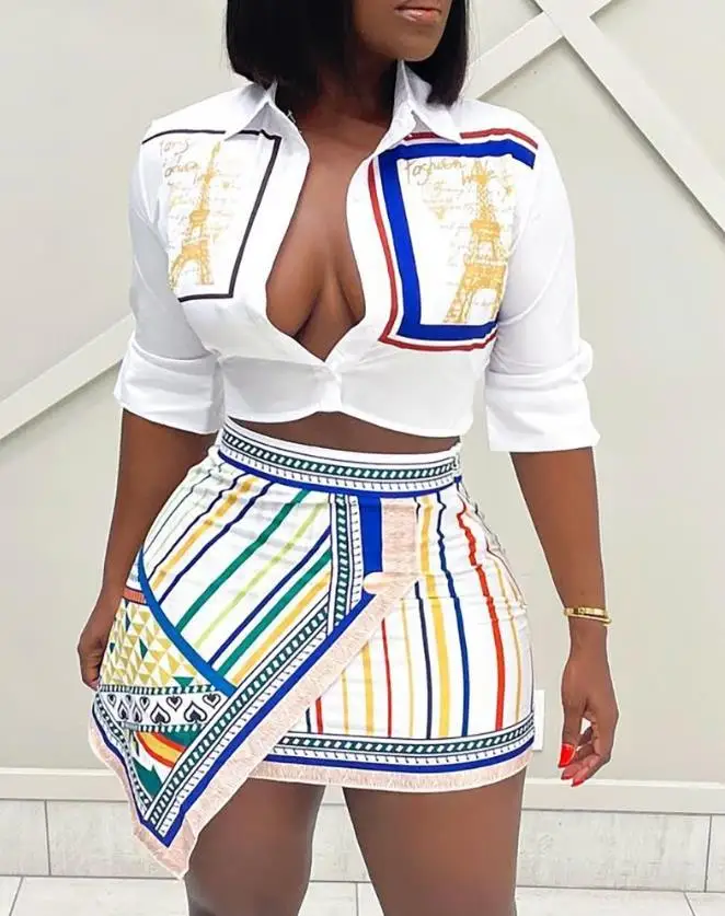 

Women Urban Style Suits 2024 Spring Summer Latest Sexy Turn Down Collar Graphic Print Button Shirt&striped Asymmetric Skirt Set