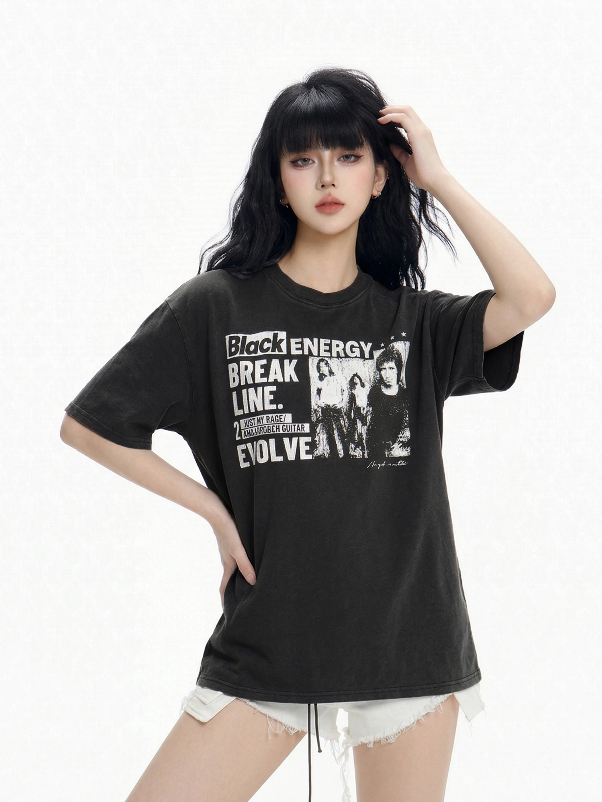 

Женская свободная универсальная футболка с коротким рукавом в стиле ретро с принтом в стиле рок, американский стиль, дышащий хлопок, летняя коллекция