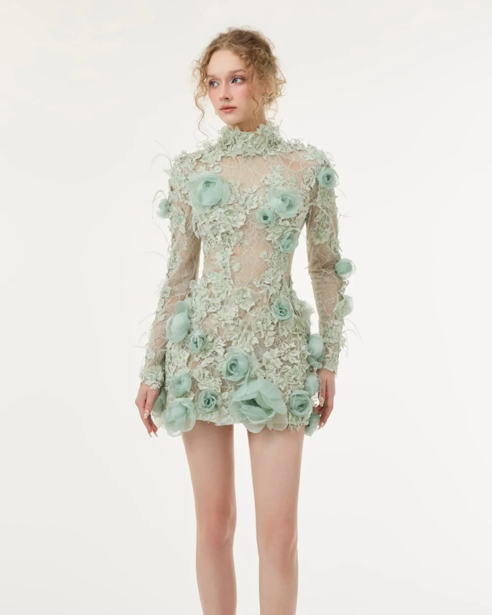 

Customized Fashion Women Lace Handmade Flower Pleat A-line Evening Dresses Elegant High Collar Long Sleeves Knee Length Dresses