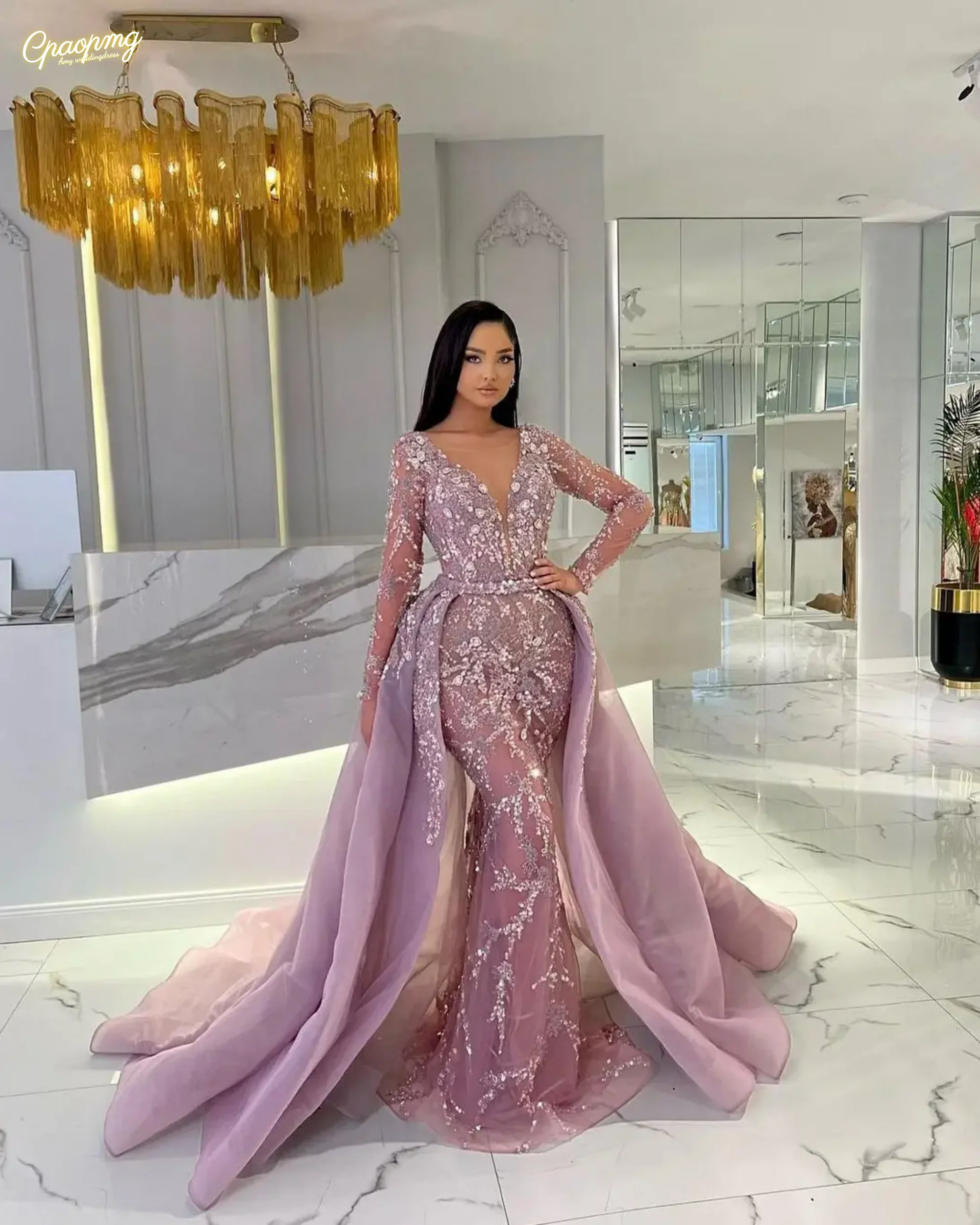 

Customized Europe Dusty Pink Long evening Gown Plunging Neck Wedding Party Gowns With Overskirt Dubai Reception Dress