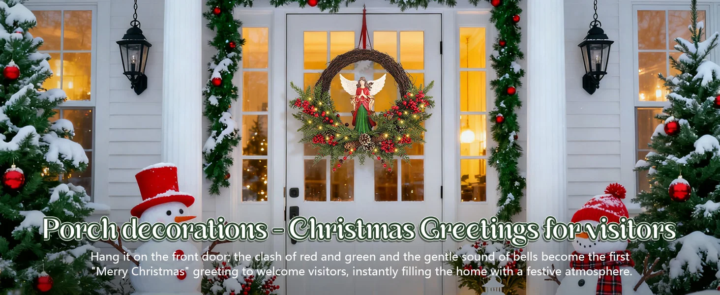 Couronne de noël à piles à 30 LED, couronne de baies d'ange pré-éclairée de 24 pouces pour porte, pas besoin de cordon, décor de vacances facile