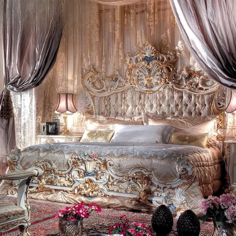 French carved wedding bed, fabric bed furniture