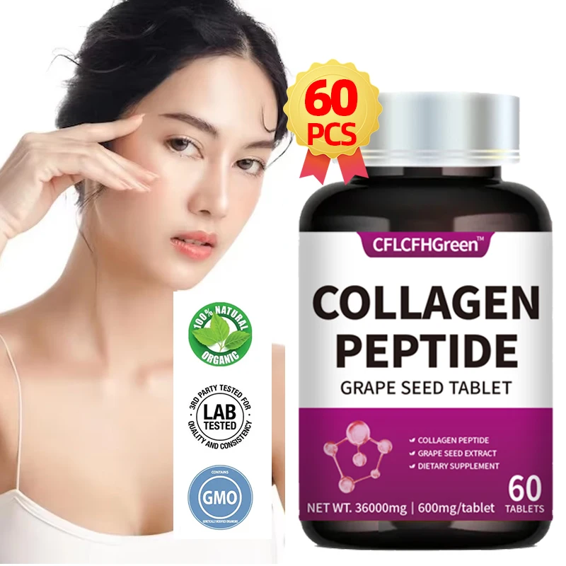 60 Tablets Collagen Peptides Supplement Tightens Skin Anti Aging Promotes Healthy Hair Grape Seed Extract