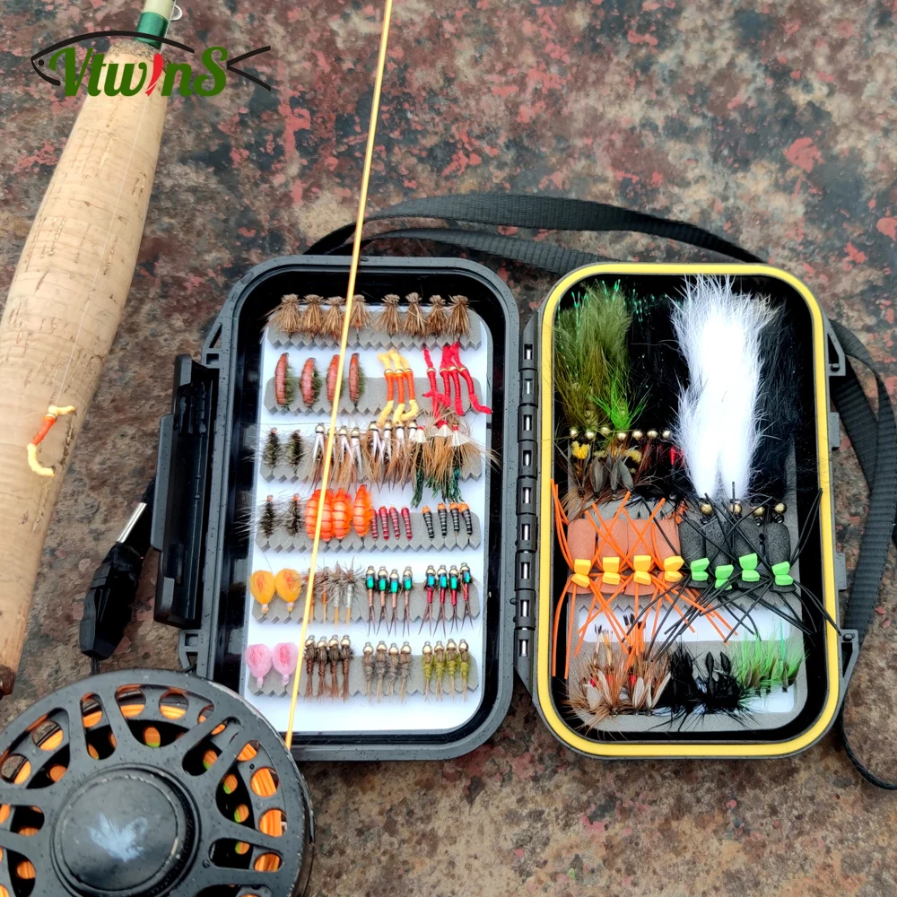 Vtwins  Blood Zebra Midge Foam Beetle Copper John Ant Fly Salmon Trout Lures Bass Fly Fishing Flies Set With Fishing Box