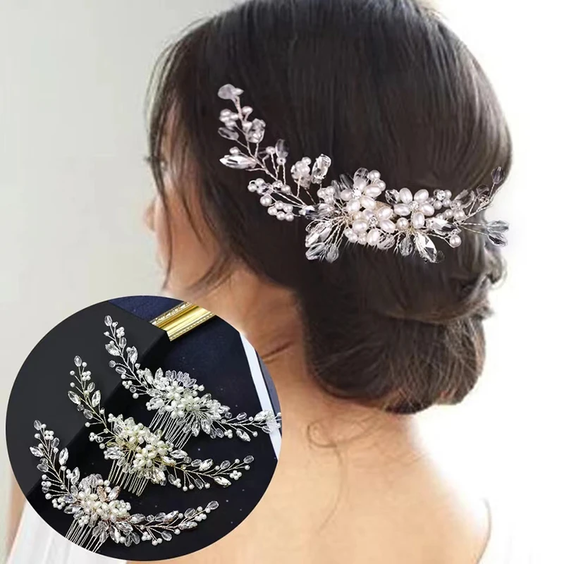 1pc Crystal Rhinestone Pearl Hair Comb Headpiece Sweet Romantic Ladies Bride Party Wedding Jewelry Hair Clip Hair Accessories