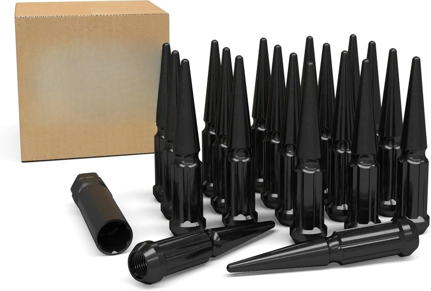 

20 Pcs M14x1.5 14x1.5 Thread Spike Spline 4.40" Long Lug Nuts Black 7/8" & 13/16" Hex Fits Chevy C1500 ｜ GMC 1500 ｜Jeep Wrangler
