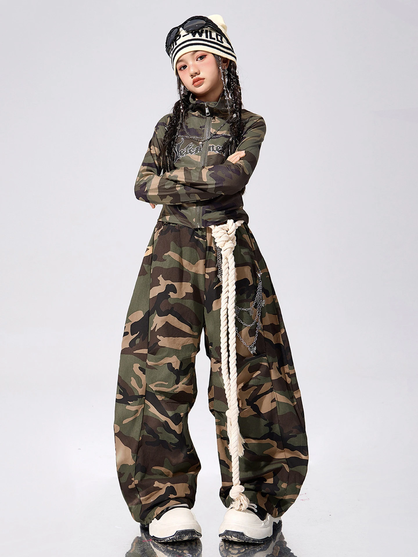 Novas meninas hip hop roupas de dança camuflagem mangas compridas terno crianças jazz dança topos calças prática desempenho traje palco wear