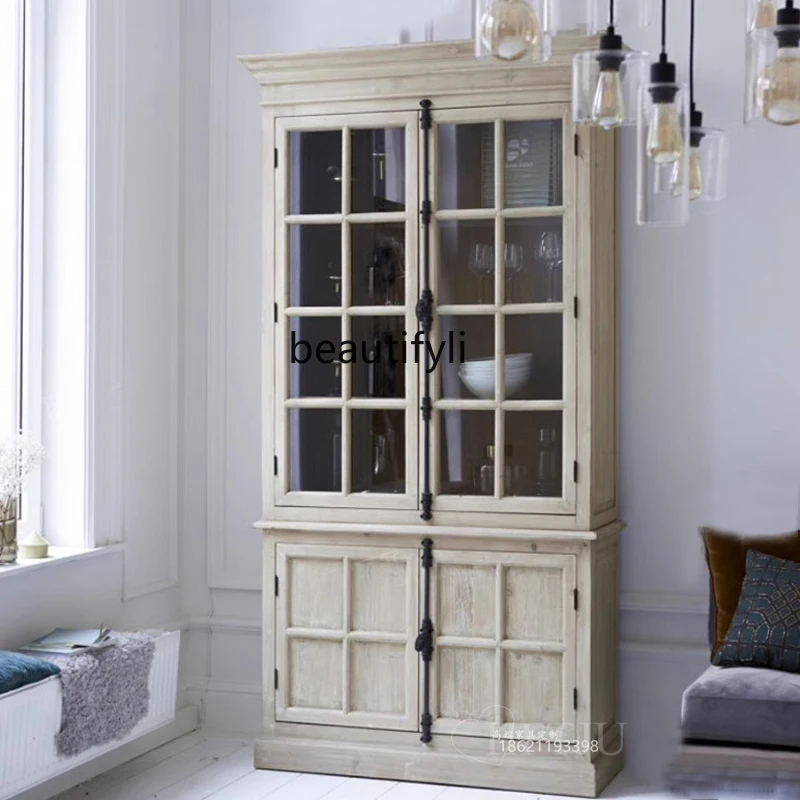 

American rural solid wood bookcase French retro antique dining side cabinet glass door display cabinet customization