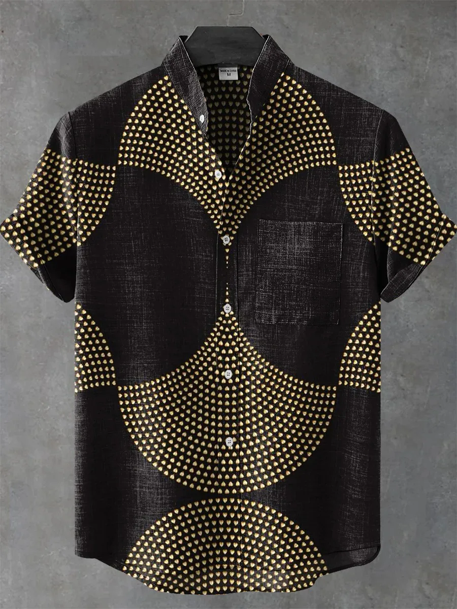 Fashionable men's 3D printed retro spiral art design pattern men's button up stand collar comfortable breathable casual plus siz