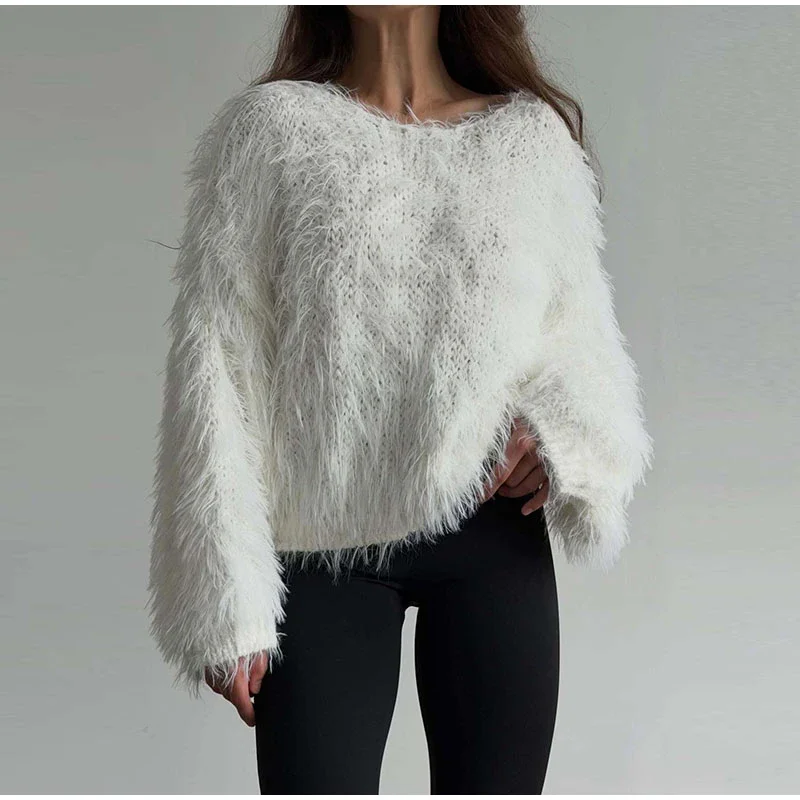 Damen-Strickpullover mit O-Ausschnitt, Langarm, Kurz geschnitten, Herbst, Rundhals, Flauschig, Einfarbig, Locker geschnitten, Neues Oberteil – Detail 7