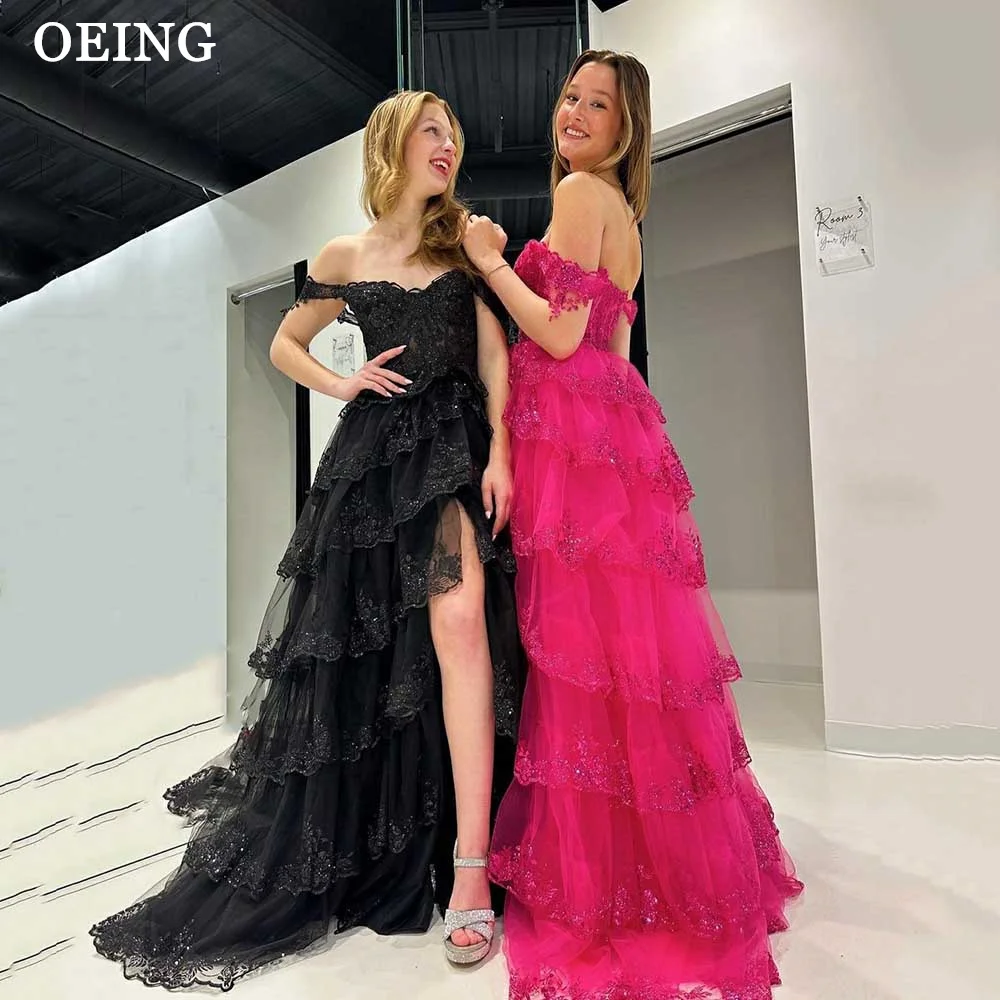 OEING Glitter Off The Shoulder Prom Dress Sexy Appliques Lace High Slit Evening Party Dresses Formal Gown Vestidos De Fiesta