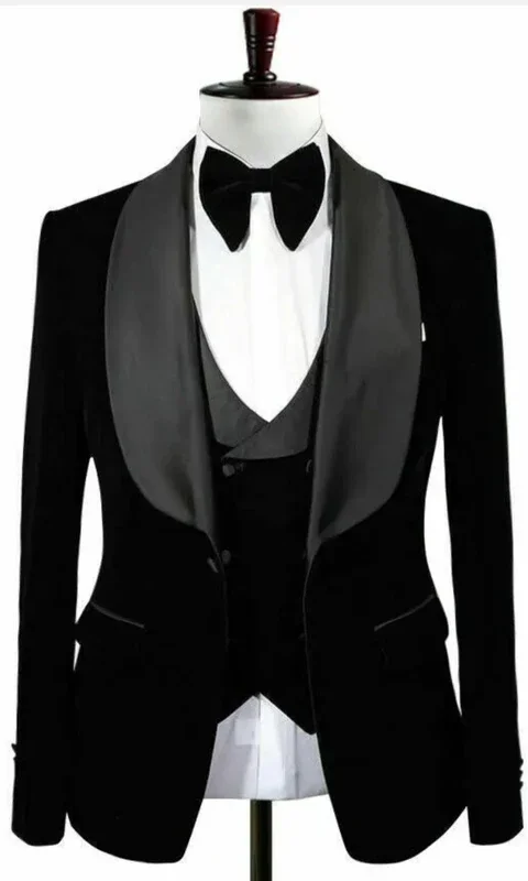 Men\'s 3 Pieces Suit Black Velvet Jacket Vest & Black Pants Shawl Lapel Wedding Prom Dinner Banquet Groom Tuxedos