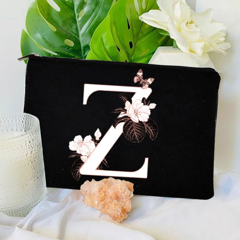 Initial Flower Bridesmaid Cosmetic Bags A-Z Letter Makeup Bag Make Up Pouch Cases Toiletry Organizer Wedding Bride Shower Gifts