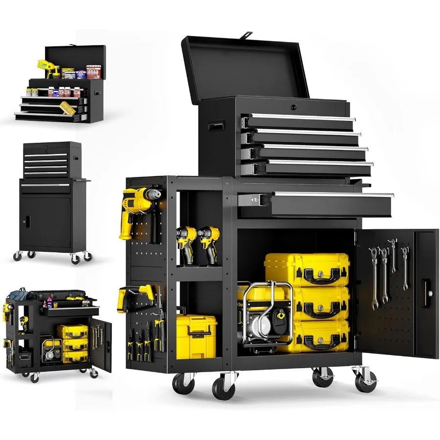 

Комод для инструментов с 5 ящиками, системой автоматической блокировки, запираемыми колесами, выдвижными ящиками и съемной верхней частью для эффективного применения
