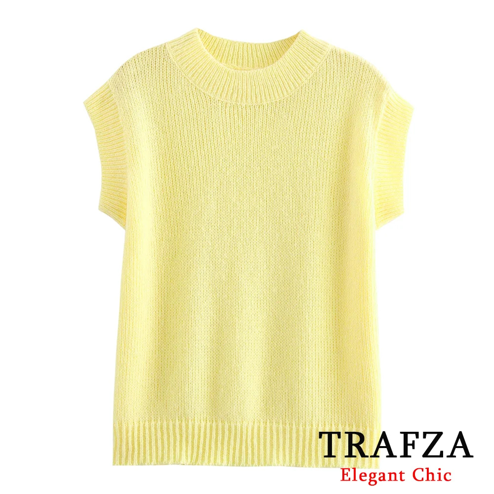 TRAFZA Casual Loose Yellow Plain Knit Sweater Vest Women\'s Solid Vest New 2024 Autumn Winter Fasion Lazy Basic Sweater Vest