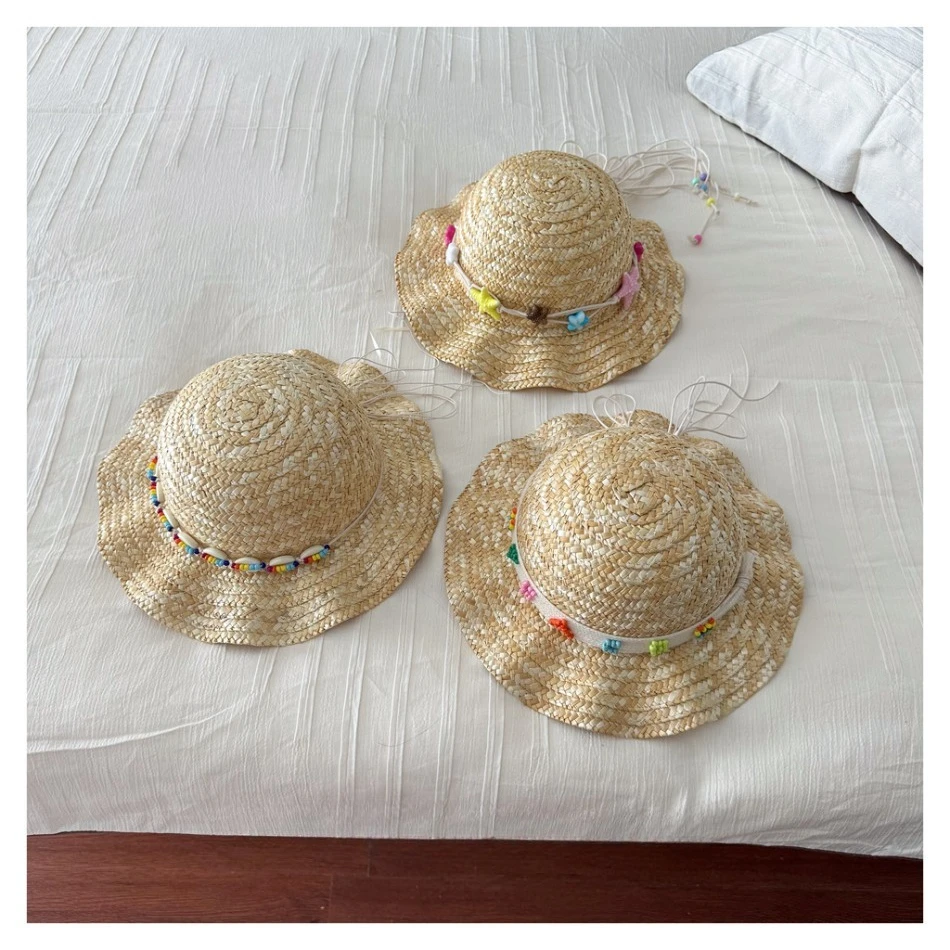 Sombrero de Paja Natural para Niños con Decoración de Cuentas y Conchas Coloridas, Sombrero de Ala Ancha Transpirable para Niñas, para Vacaciones de Verano en la Playa BT14