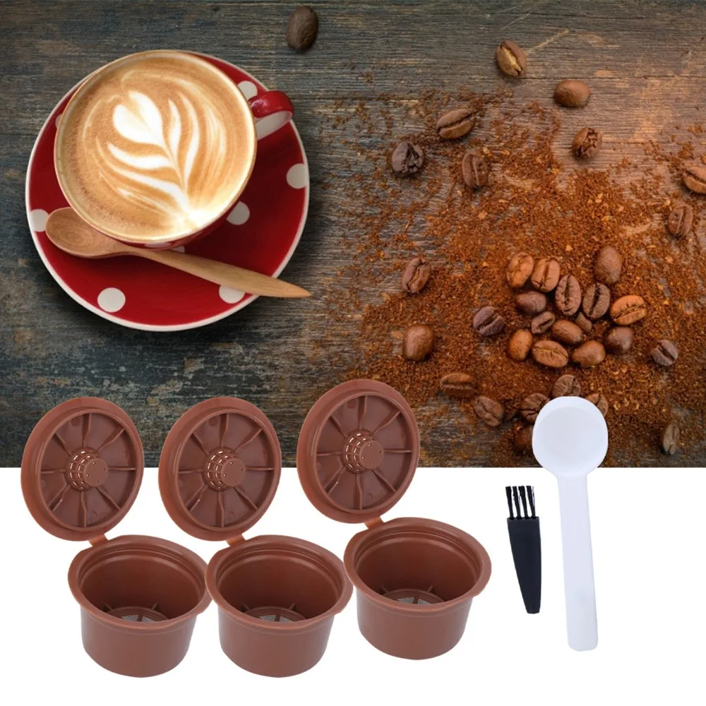 3pcs Plastic Refillable Coffee Capsules Brown With Cleaning Brush Coffee Filter Cup With Spoon Coffee Capsule Kit for Caffitaly