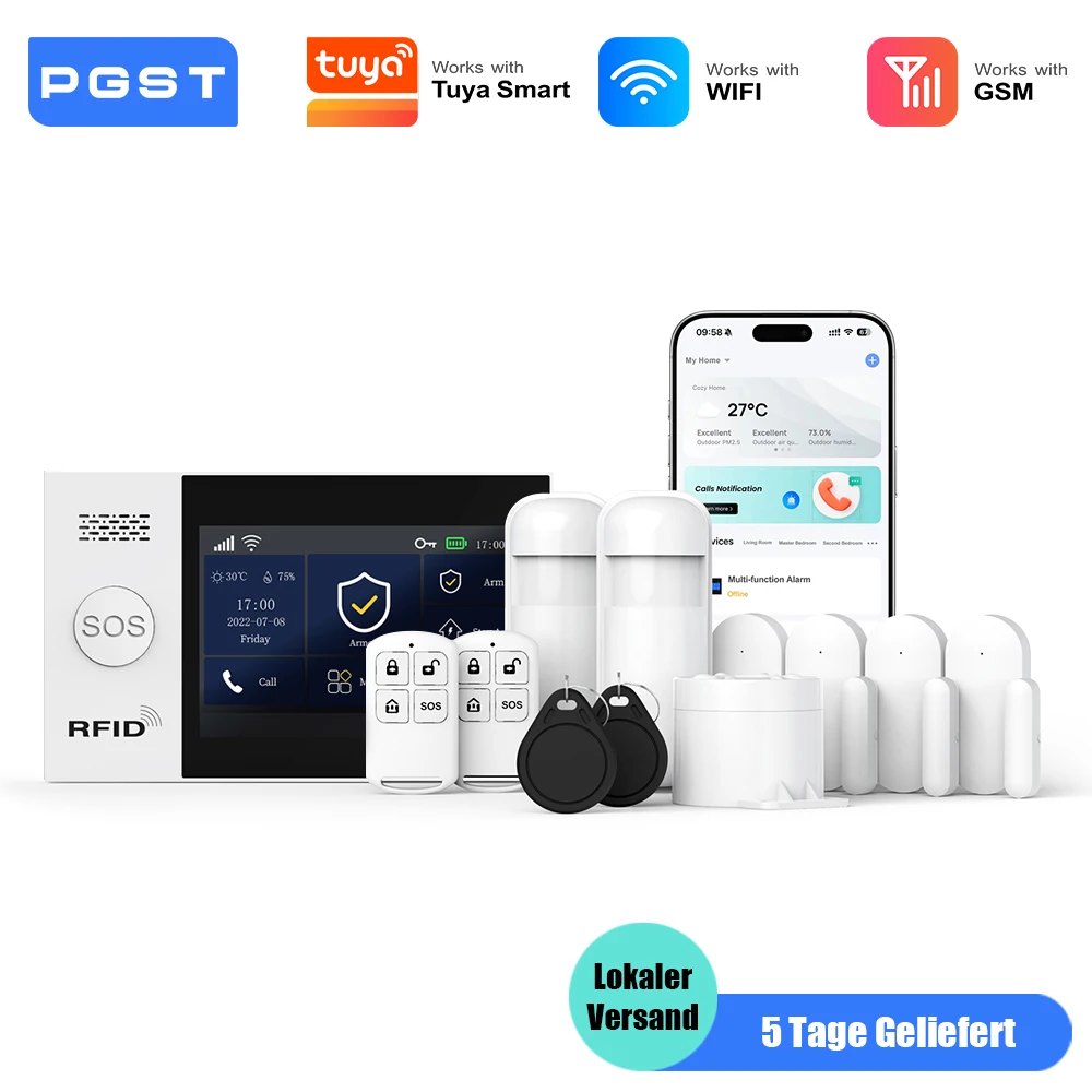 PGST Einbruchmelder Set intelligent WiFi 2G GSM Works with Tuya Smart Life drahtloses Sicherheitssystem für Haus Wohnung Büro App Steuerung einfache Installation ohne monatliche Gebühren