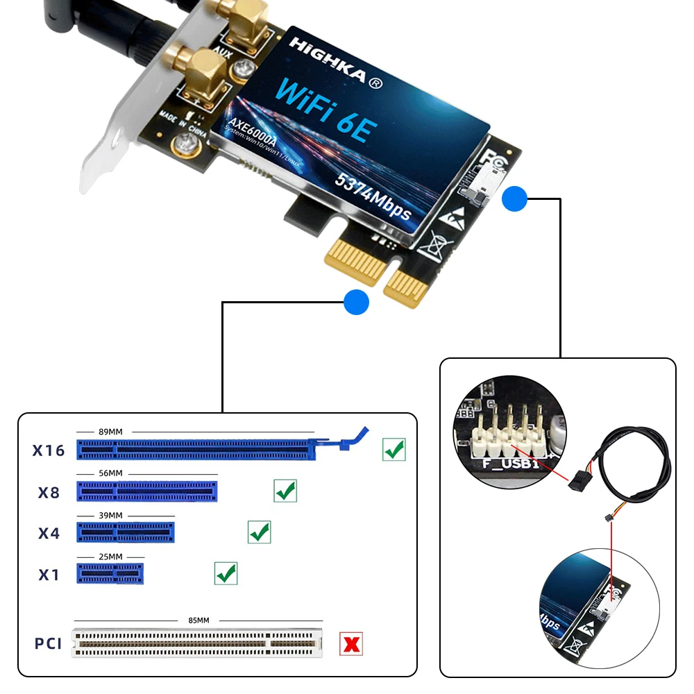 Wi-Fi 6E Intel AX210 PCIe Kartu Wifi 2.4G/5G/6GHz 5374Mbps Kartu Jaringan Nirkabel PCI Express Bluetooth 5.3 Adaptor WiFi untuk PC