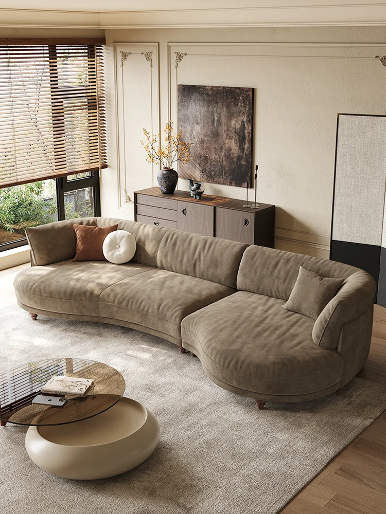 French retro matte fleece sofa, living room small apartment for three or four people, Italian minimalist curved moon sofa