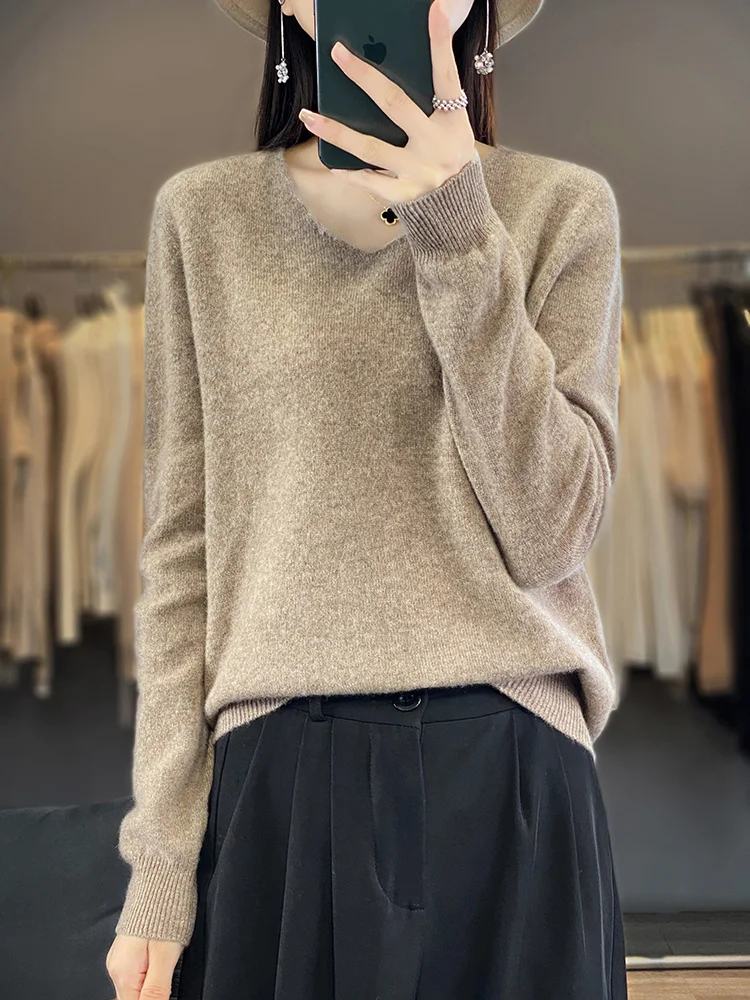 

Wowen V-Neck Cashmere Jumper 100% Merino Wool Sweater Long Sleeve Seamless Pullover Basis Casual Knitwear Solid colour Clothing