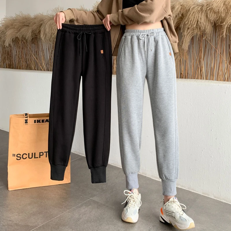 American Grey Sports Pants Women's Spring Autumn High Waist Slimming Small Size Fleece Lined Loose Cuffed Sweatpants